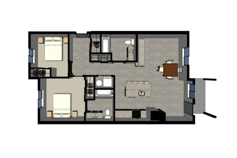 Floor plan for 2 beds, 2 baths, 950 sqft